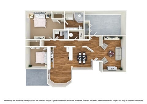 Floor plan for 2 beds, 2 baths, 1300 sqft